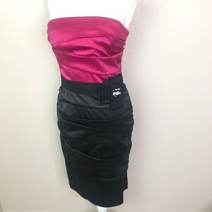 WHBM strapless satin sheath dress pink black rhinestone detailing